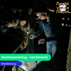 Afbeelding over de bolwerk wandeling in Middelburg, met drie verschillende activiteiten: Quiz over de nacht, een activiteit over nachtvlinders en insecten en een activiteit over vleermuizen.